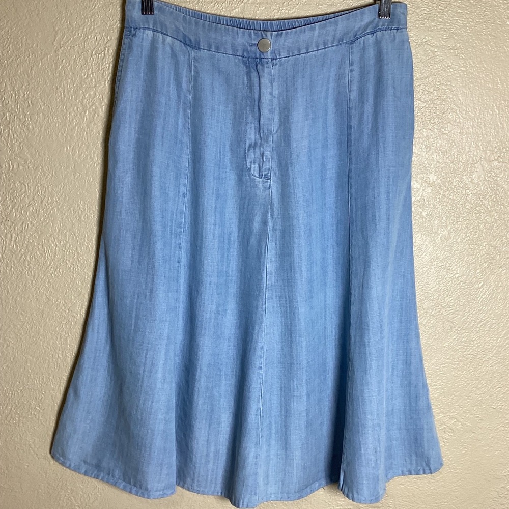 Sigrid Olsen Women's Blue Chambray A-Line Midi Skirt Elastic Back Size Medium